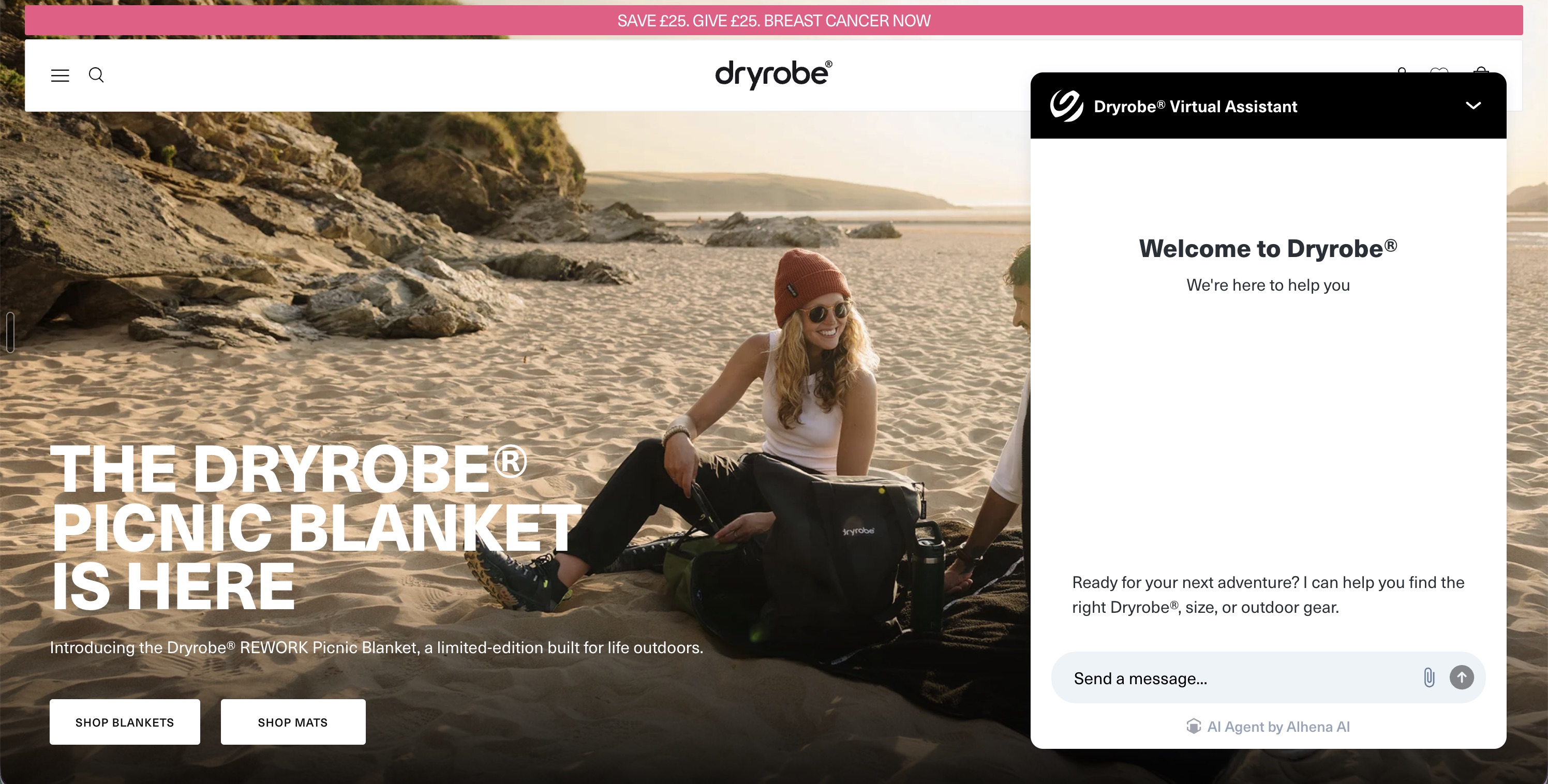 Dryrobe® homepage with the Alhena-powered virtual assistant open