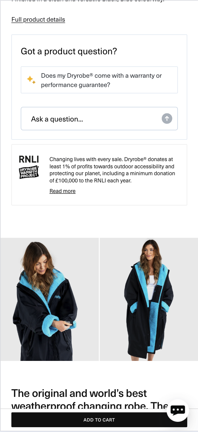Product question experience embedded on a Dryrobe® product page