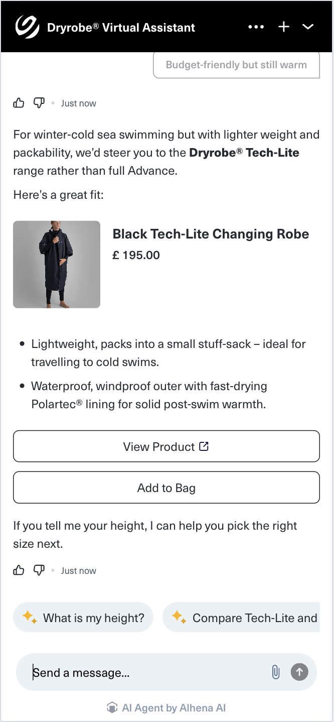 Dryrobe® virtual assistant recommending a Tech-Lite changing robe with product actions