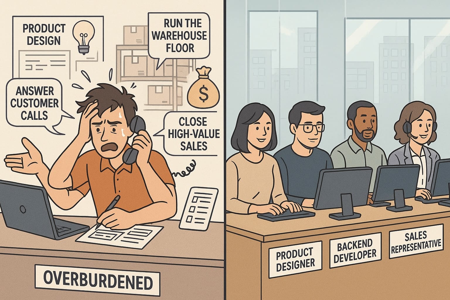 Overwhelmed solo worker juggling tasks vs. calm team handling roles individually.