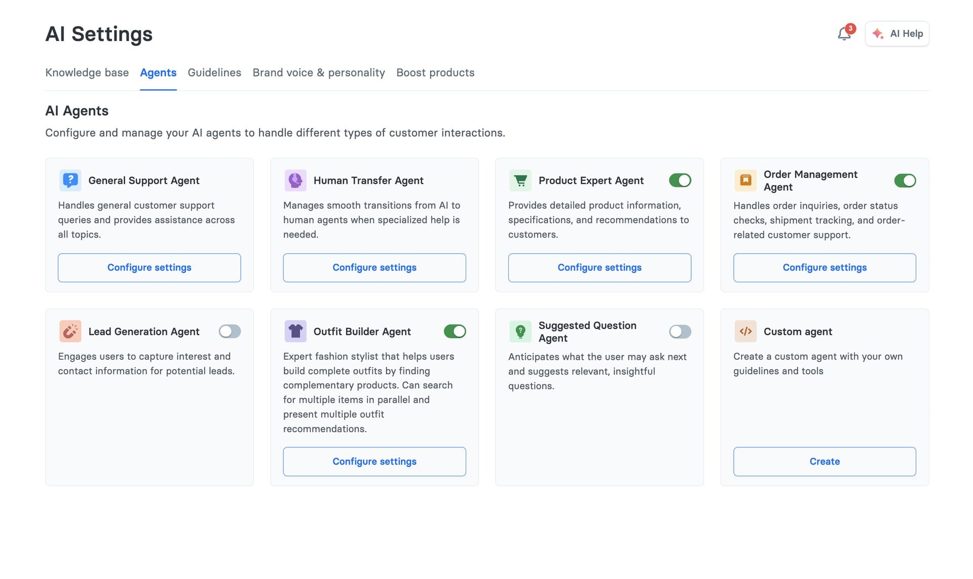 Alhena AI Settings dashboard showing specialized AI agents: General Support, Human Transfer, Product Expert, Order Management, Lead Generation, Outfit Builder, Suggested Question, and Custom agent