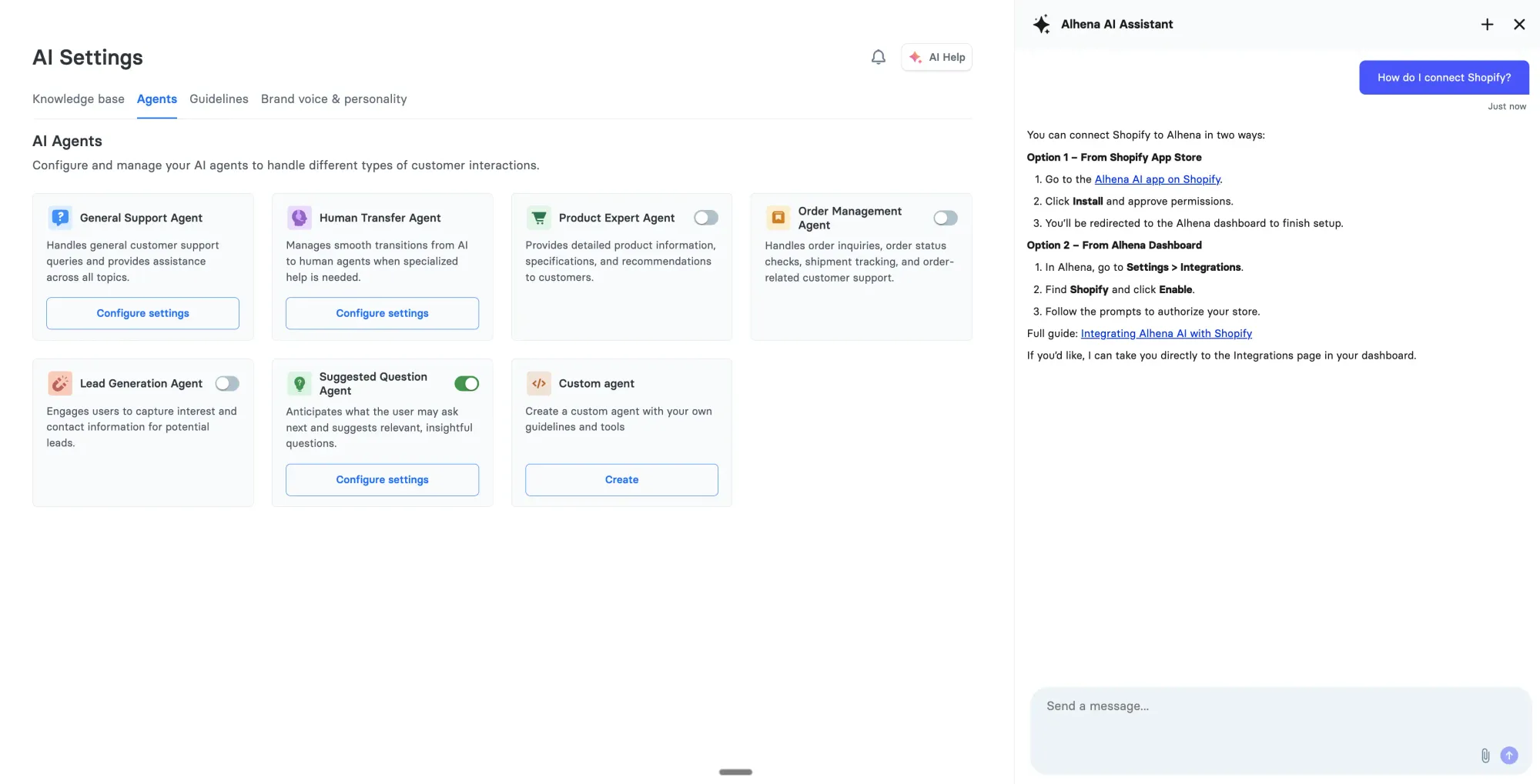 Alhena AI Settings dashboard showing General Support Agent and AI Assistant chat helping connect Shopify
