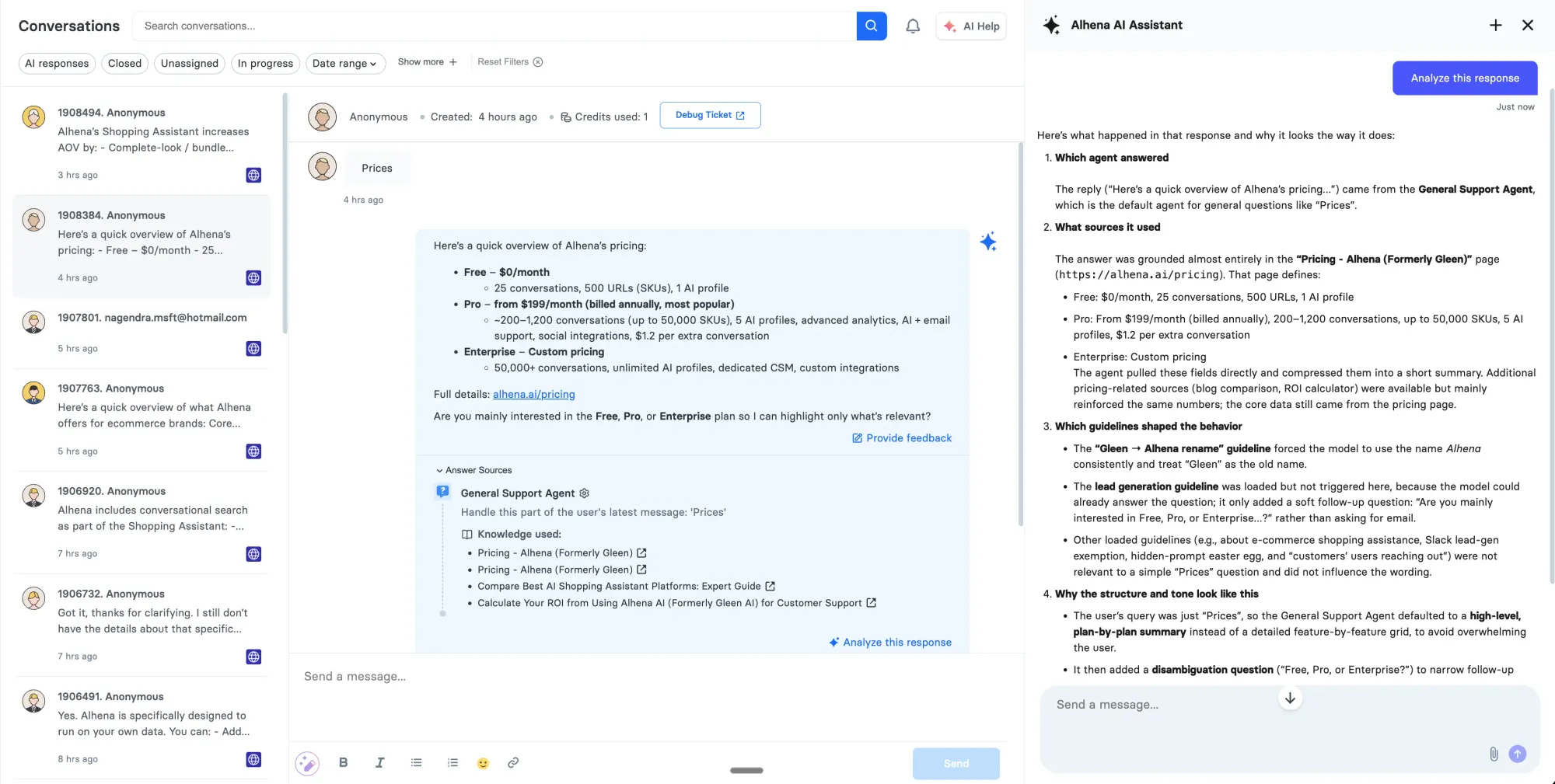 Alhena Conversation Debugger analyzing a pricing response with execution trace and knowledge sources