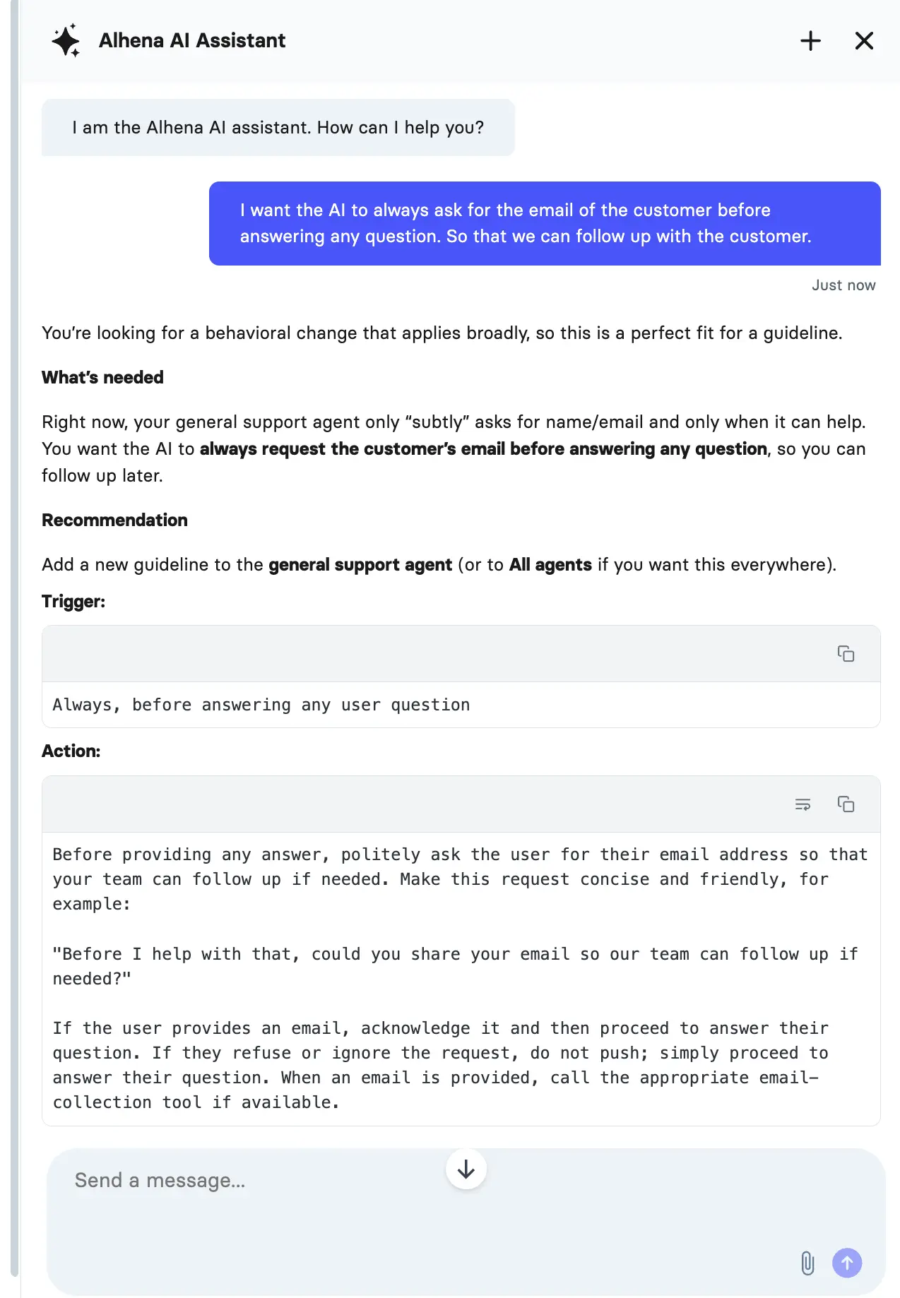 Alhena Guideline Assistant helping write an email collection guideline with trigger and action rules