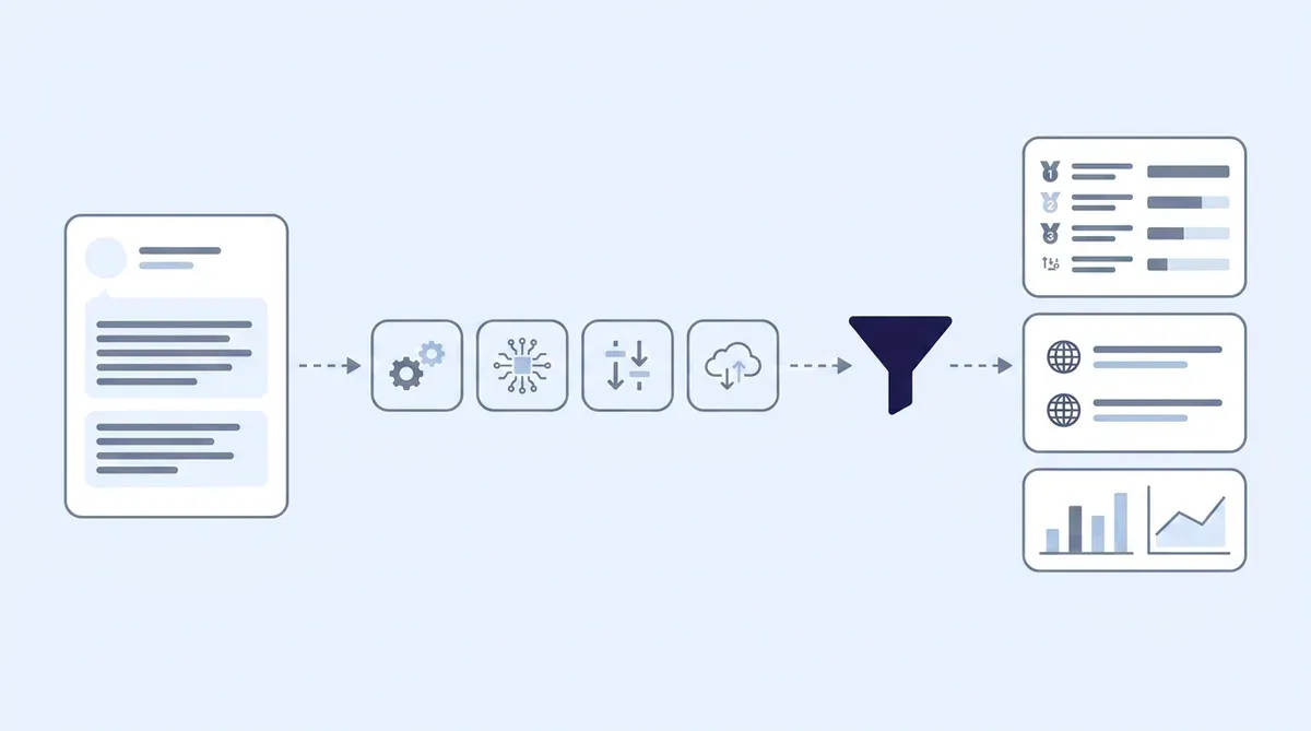 Infographic: prompts entering a row of engine chips, through a parsing funnel, producing ranked lists, citations, and charts