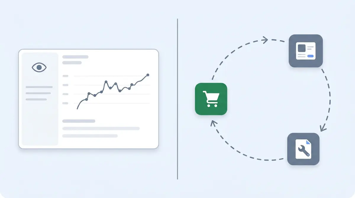 Infographic: a monitoring dashboard on the left versus a loop through product card, content fix, and checkout on the right