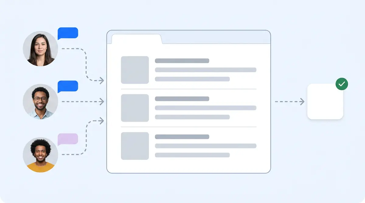 Infographic: three buying-committee members asking AI assistants, converging into one ranked shortlist