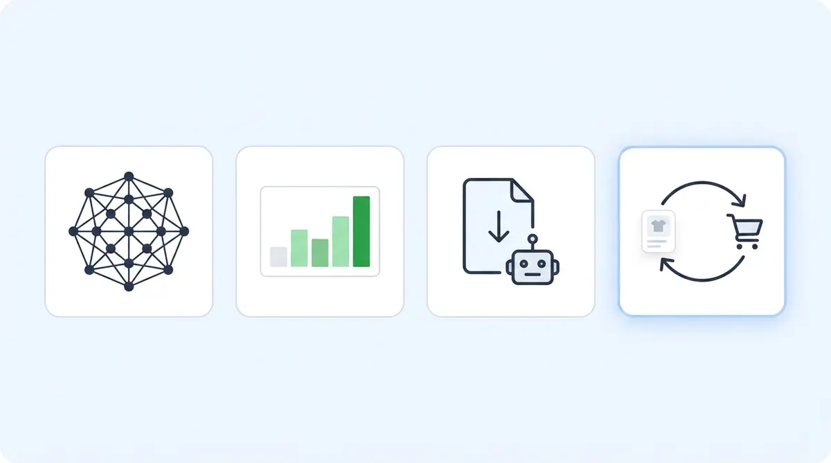 Infographic: four cards showing the four platform approaches, scale monitoring, pure analytics, crawler delivery, and the commerce loop ending at a cart