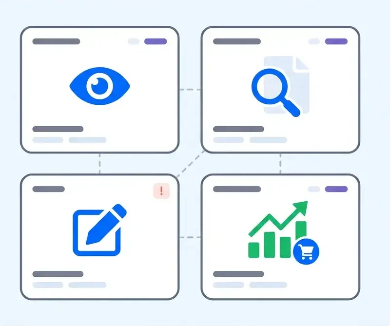Diagram: the four jobs of an AI visibility platform, monitor, diagnose, act, and prove