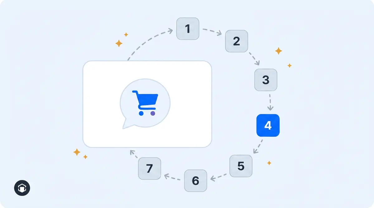Diagram: the seven-step ChatGPT shopping optimization loop around a central shopping chat bubble
