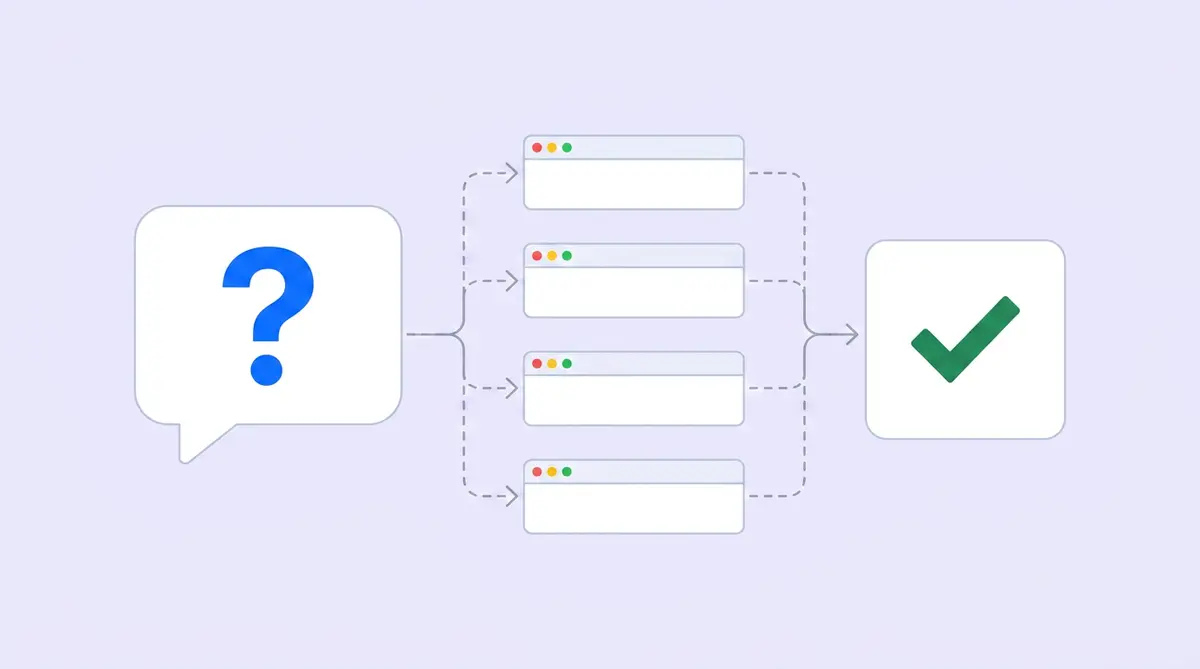 Diagram: one user prompt fanning out into several hidden web searches that converge into a single AI answer