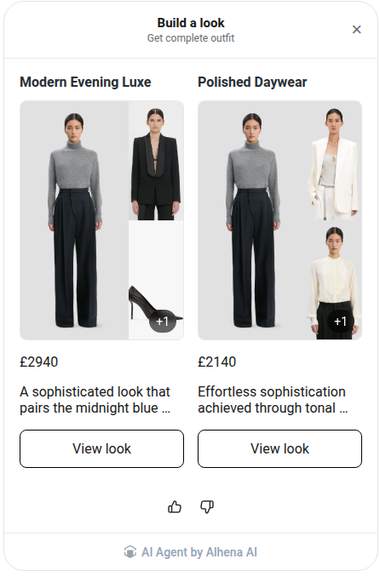 Outfit Builder panel showing two complete shoppable looks.