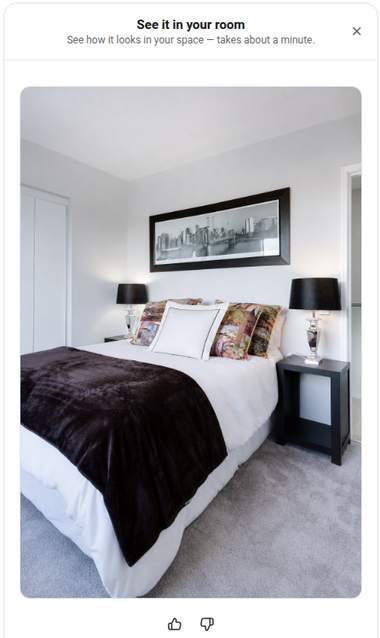 See It In Your Room panel rendering the product into a bedroom.