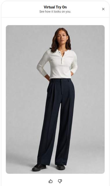 Virtual Try-On panel showing a shopper wearing the product.
