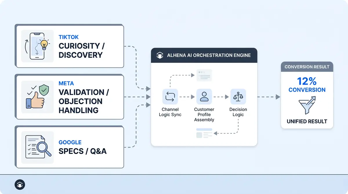AI conversion lift by channel showing different multipliers for TikTok Meta and Google ecommerce traffic