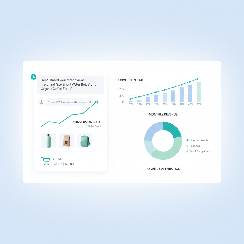 AI-powered e-commerce sales growth illustration showing shopping cart with upward revenue graph