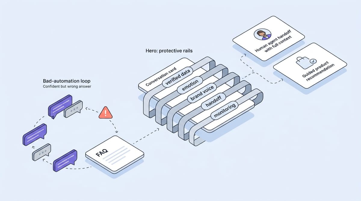 Diagram showing customer support automation flowing through five quality guardrails to better CX outcomes