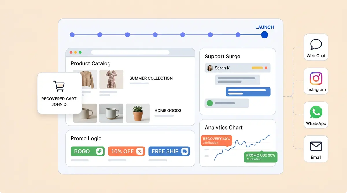 BFCM 2026 AI playbook dashboard showing 8-week preparation timeline for AI shopping assistant peak season readiness