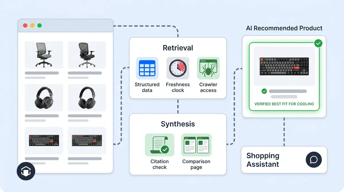 Answer engine optimization for ecommerce showing AI product recommendations across ChatGPT, Google AI, and Perplexity