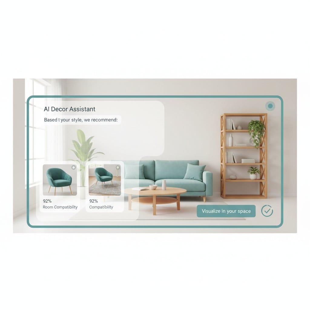 AI for home furnishing showing a virtual room with AI product recommendations for furniture