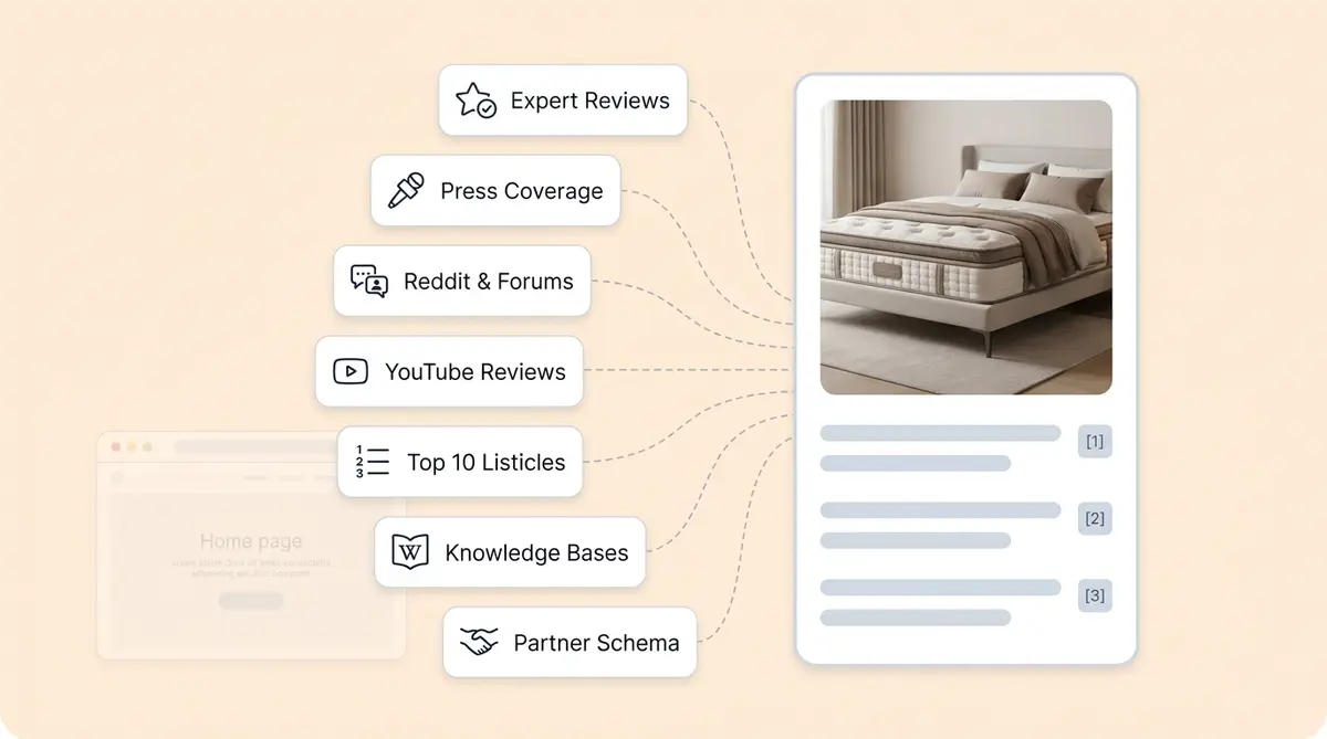 GEO citation strategy showing 7 off-site sources that drive AI product recommendations in generative engine optimization