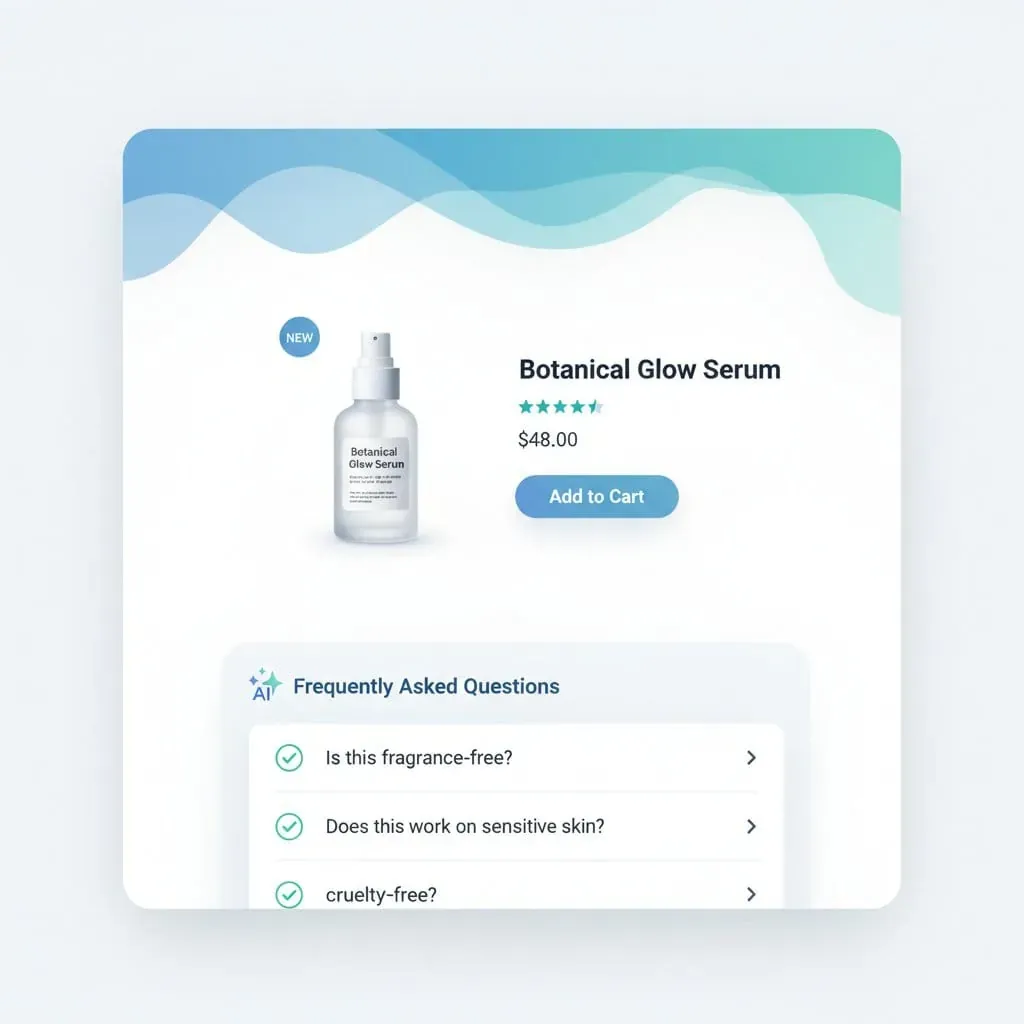 AI-generated product FAQs on a product detail page with accordion questions below Add to Cart