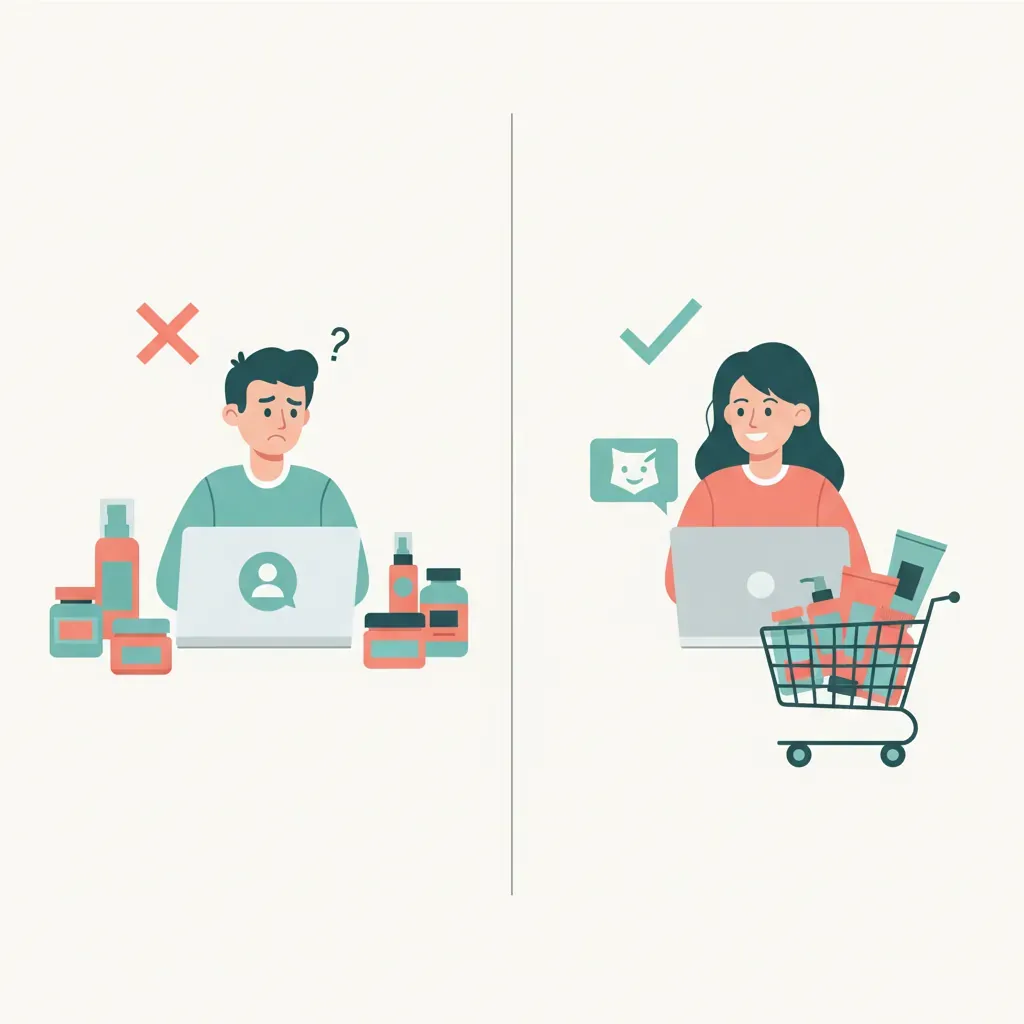 AI chatbot interface showing compliant vs non-compliant responses for regulated skincare and supplement products