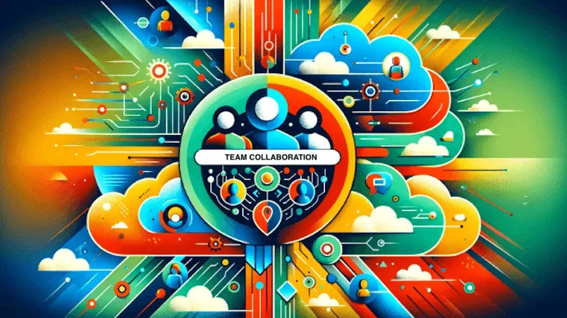 Vibrant digital illustration showing cloud-based team collaboration with connected avatars, icons, and colorful network lines