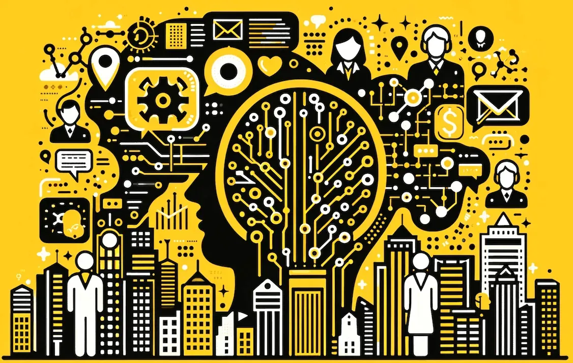 Stylized human head with circuit brain surrounded by icons of AI, communication, finance, and urban technology.