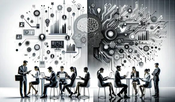 Business professionals working on laptops, split between left-brain and right-brain (creativity, circuits) themed background