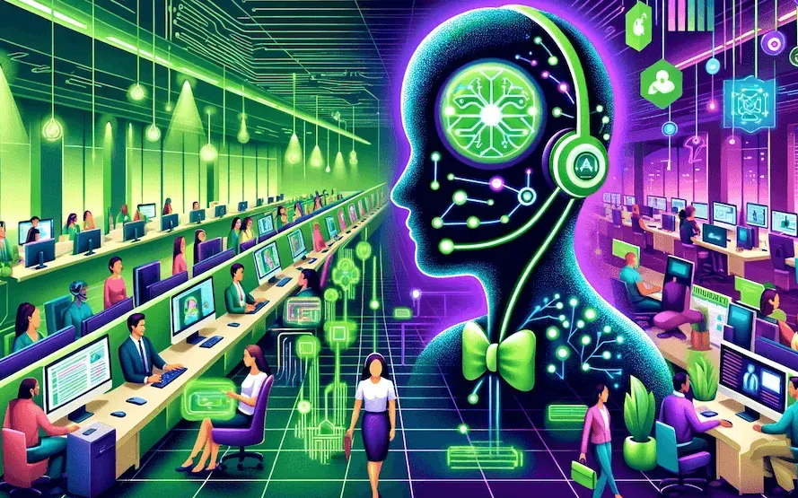 Futuristic AI-powered call center with glowing neon green and purple colors, people at workstations, and a large AI head 