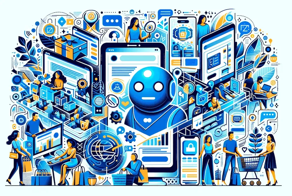 Colorful illustration of AI in e-commerce, featuring robots, mobile apps, online shopping, logistics, 