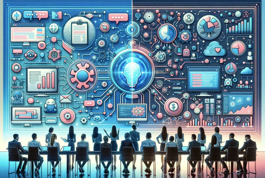 Business meets tech: a team collaborates in front of a giant AI-powered dashboard filled with data, strategy, and insights