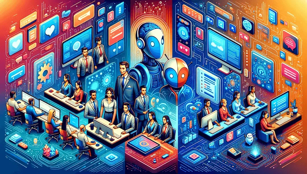 Colorful digital call center with human agents and AI robots, surrounded by floating app icons, data streams,