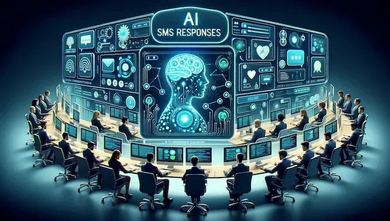 People at workstations in a circle with screens showing AI-driven SMS response systems and digital brain interface