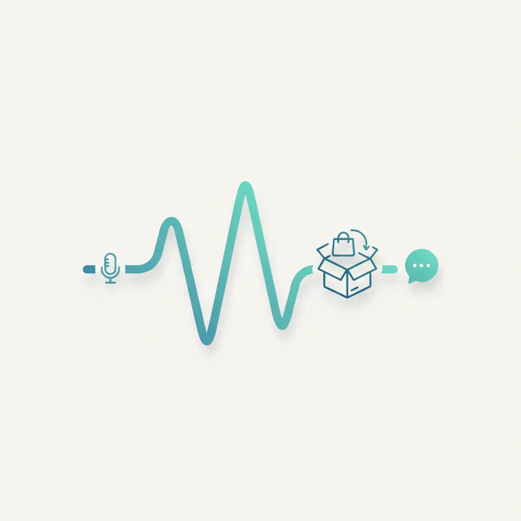 Voice commerce for ecommerce brands guide showing AI voice waveform connected to shopping elements