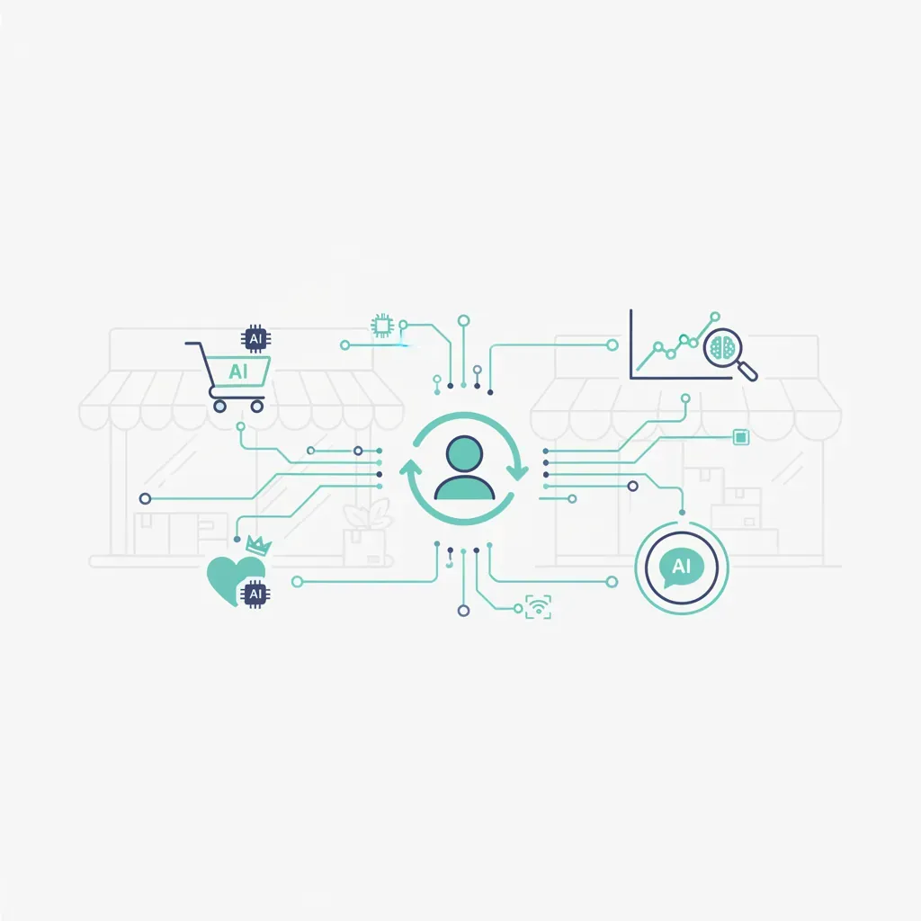 AI-powered customer retention strategies for ecommerce showing connected data flows and personalization elements