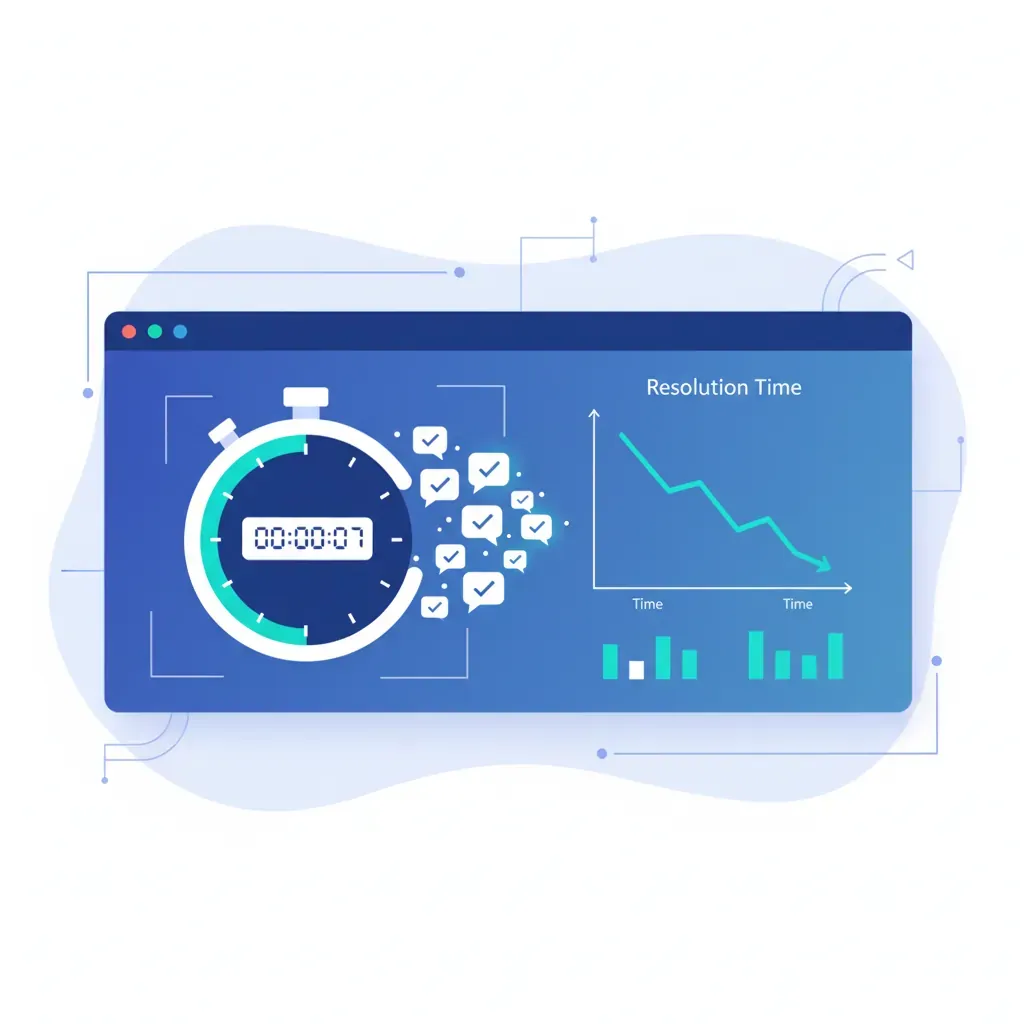 Mean Time to Resolution (MTTR) dashboard showing a stopwatch, resolved support tickets, and improving resolution time trend