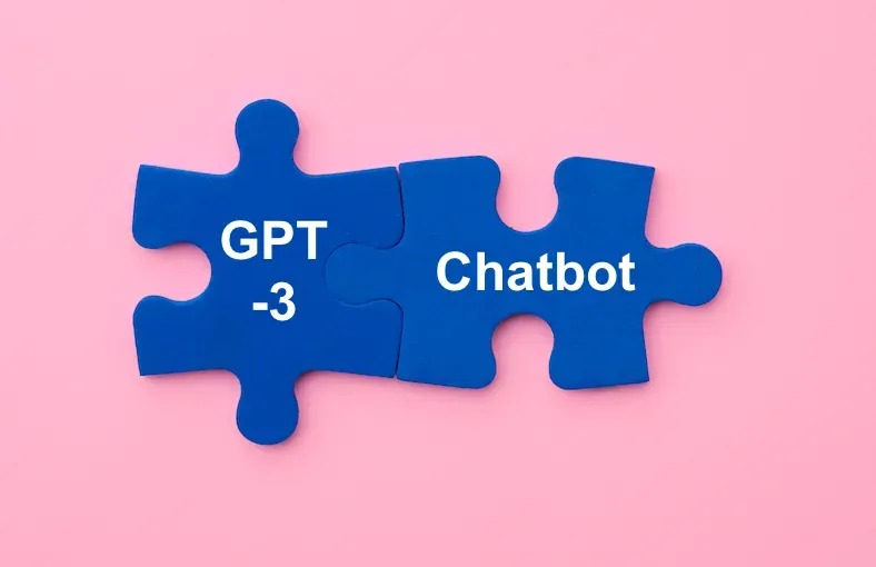 Two interlocking blue puzzle pieces on a pink background labeled GPT-3 and Chatbot, symbolizing their integration.