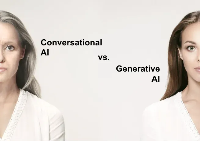 Split-screen image of two women—left older labeled “Conversational AI,” right younger labeled “Generative AI,” on white