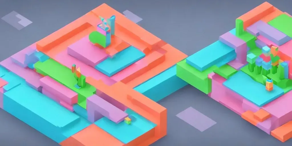 Isometric illustration of abstract 3D blocks in pastel colors like pink, blue, green, and orange forming a digital landscape.