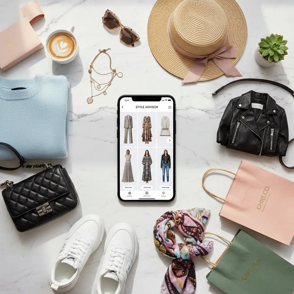 Agentic commerce for fashion brands showing AI shopping assistant with outfit recommendations and social commerce channels