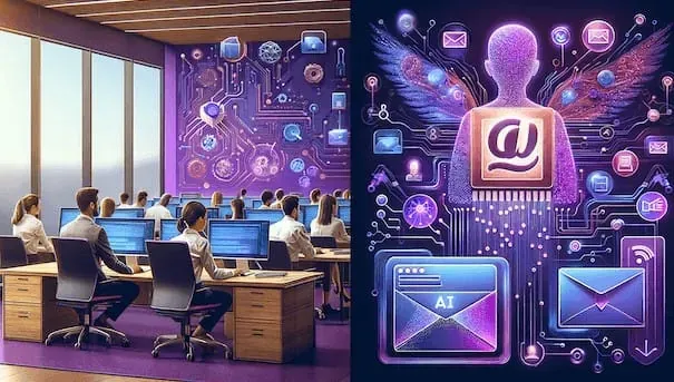 AI email support automation for ecommerce showing traditional office versus futuristic AI-powered email processing