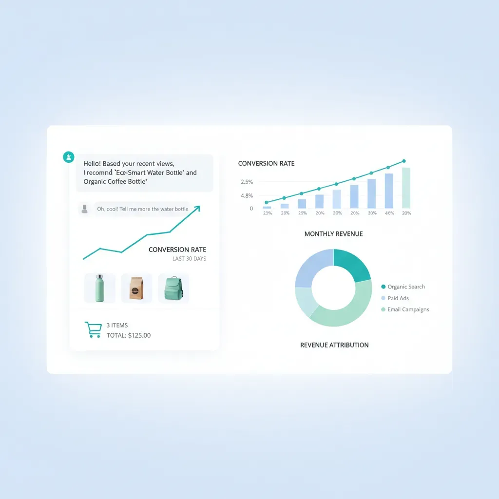 AI-powered e-commerce sales growth illustration showing shopping cart with upward revenue graph