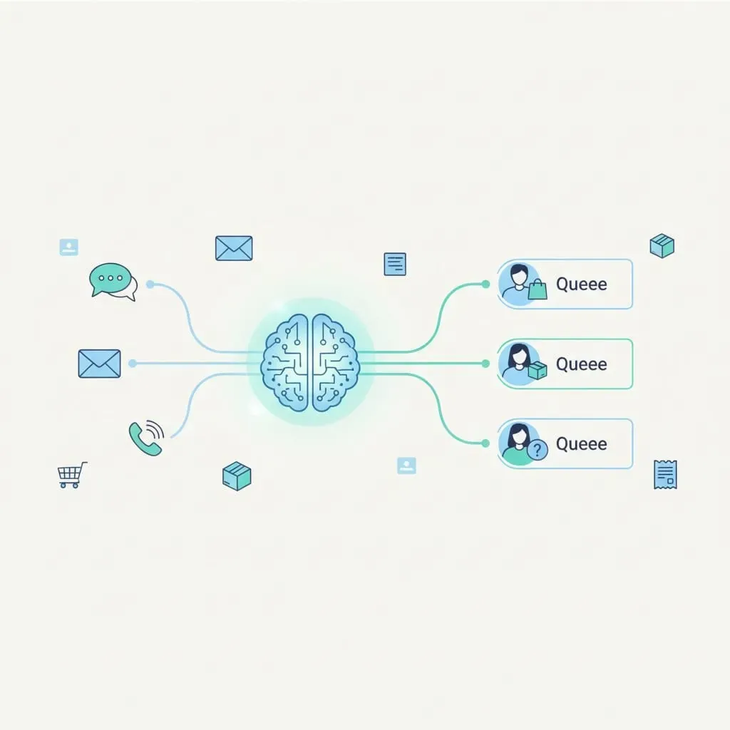 AI ticket routing system diagram showing automated classification and assignment of ecommerce support tickets