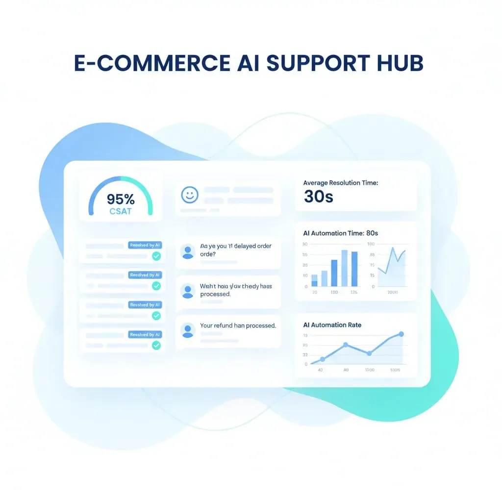 AI customer service automation dashboard showing resolved support tickets and high CSAT scores for e-commerce