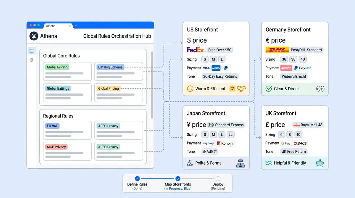 Managing multi-storefront AI ecommerce across regions with a unified AI layer