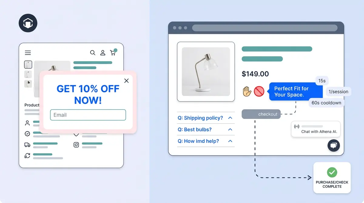 AI smart nudges ecommerce three-surface engagement model showing nudges FAQs and chat widget working together