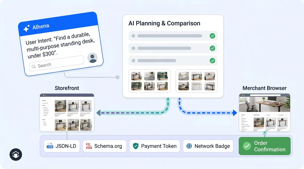 Diagram showing how agentic commerce works: from shopper intent through AI agent planning to protocol-based checkout with UCP and ACP