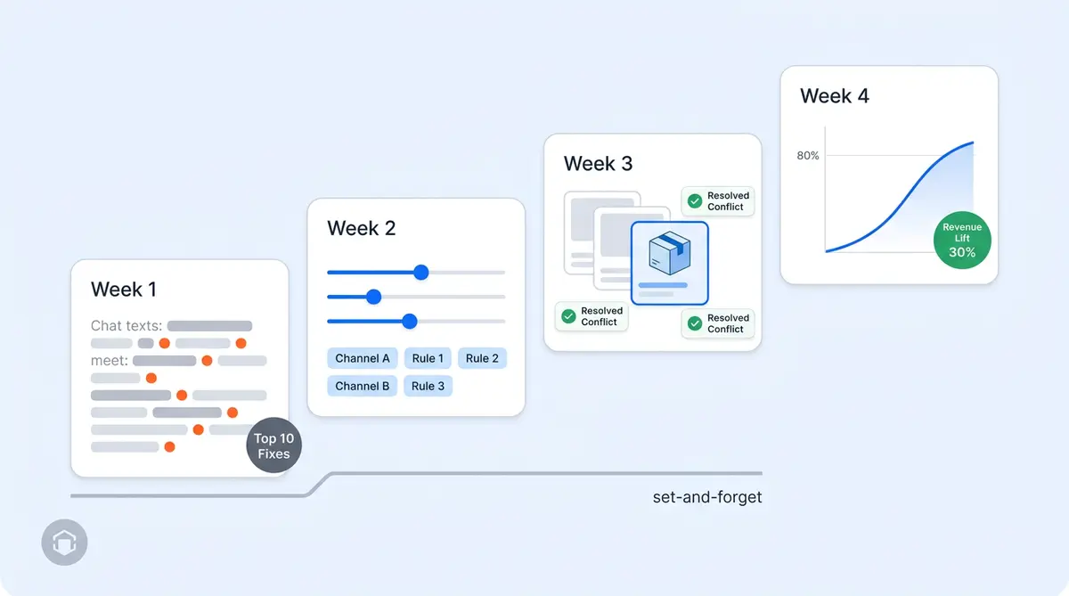 AI chatbot optimization ecommerce 30-day tuning playbook showing week-by-week progression from monitoring to revenue impact